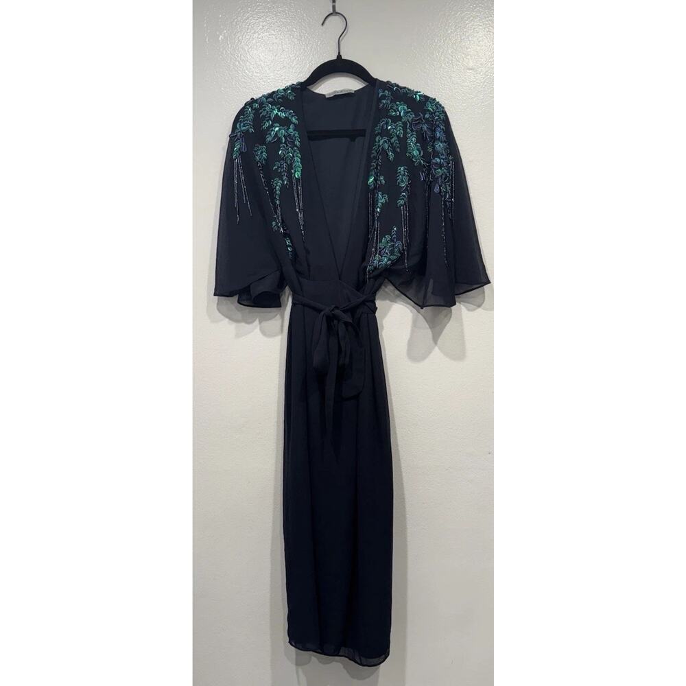 Hope‎ & Ivy Brittany Embellished Navy Blue Wrap Midi Dress Sequin Evening Glam